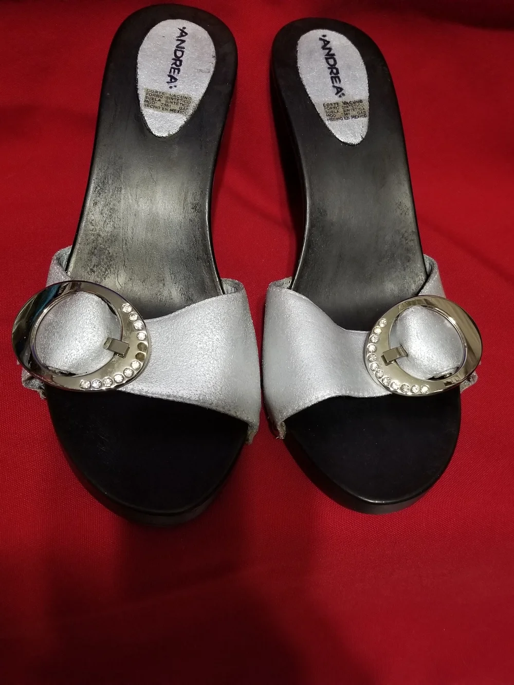 ANDREA Silver Slide Low-Heeled Sandals with Gold Rhinestone-Studded Buckles
